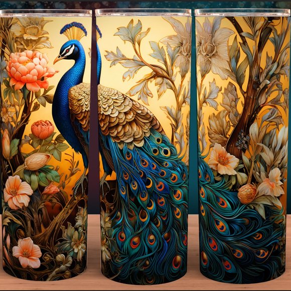 Other - Gold and Blue Peacock Floral Garden Cup Mug Tumbler 20oz